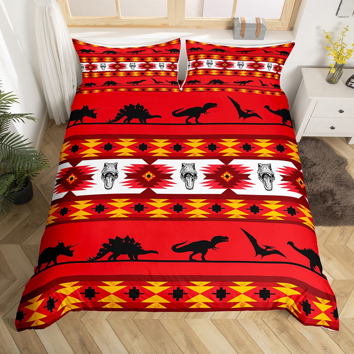 Dinosaur Bedding Set Ethnic Arrow Aztec Comforter Cover for Boys Girls
