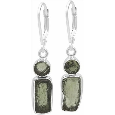 JAY JOOLS Rough Moldavite Drop Dangle Earrings for Women, Natural Raw Moldavite Leverback Earrings, 925 Sterling Silver Gemstone Earrings