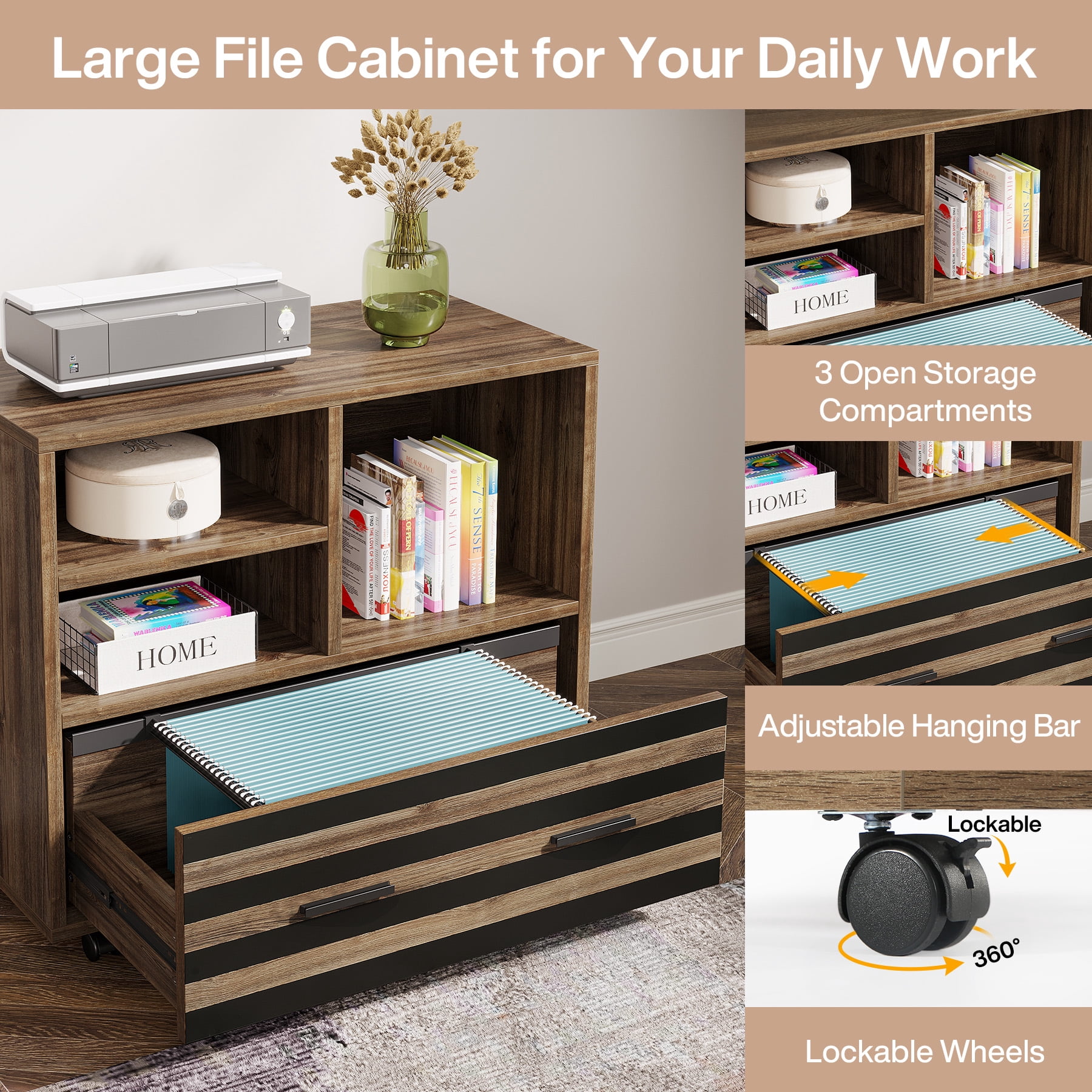 Tribesigns 62.2" Executive Desk with Storage Shelves, L-Shaped Office Desk with Mobile File Cabinet, Large Office Desk for Home Office, Light Brown