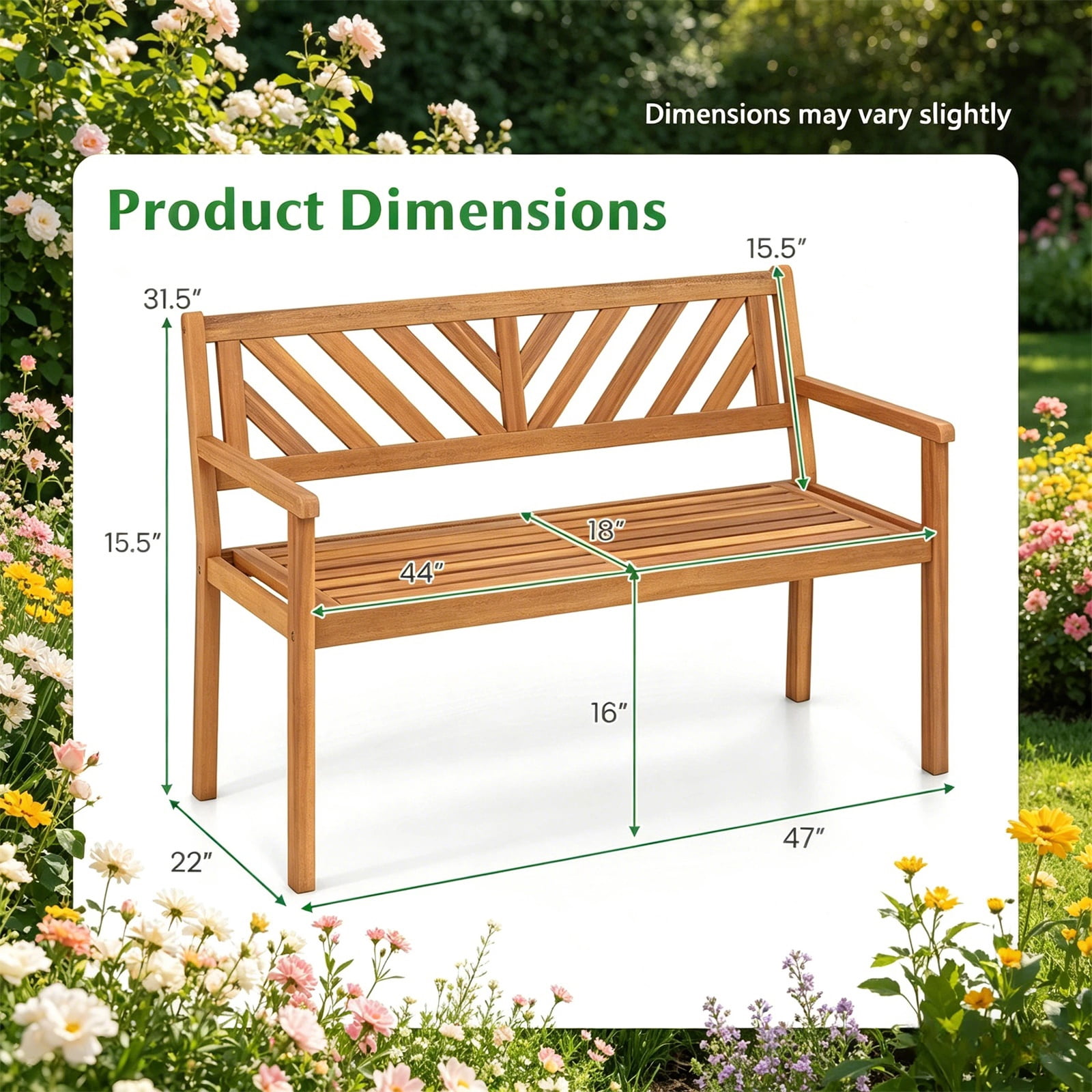 Hommoo 2-Person Patio Wooden Bench, Garden Slatted Loveseat Chair Bench Lounge with Armrests and Backrest for Backyard, Natural