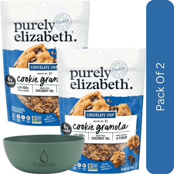 Purely Elizabeth Cookie Granola, Chocolate Chip, Gluten-Free, 9 oz Bag-2pk, With Olive Green Bowl By ValueNest