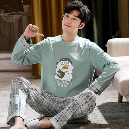 

QWZNDZGR Autumn Winter Knitted Cotton Cartoon Men s Pyjamas Couple Pajamas Set Casual Male Sleepwear Pyjamas Night Pijamas Homewear 4XL