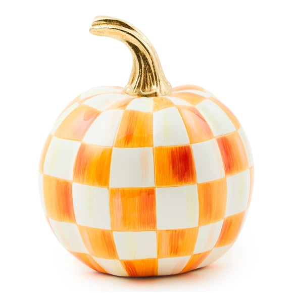 Escultura MACKENZIE-CHILDS en miniatura con forma de calabaza y naranja a cuadros en resina