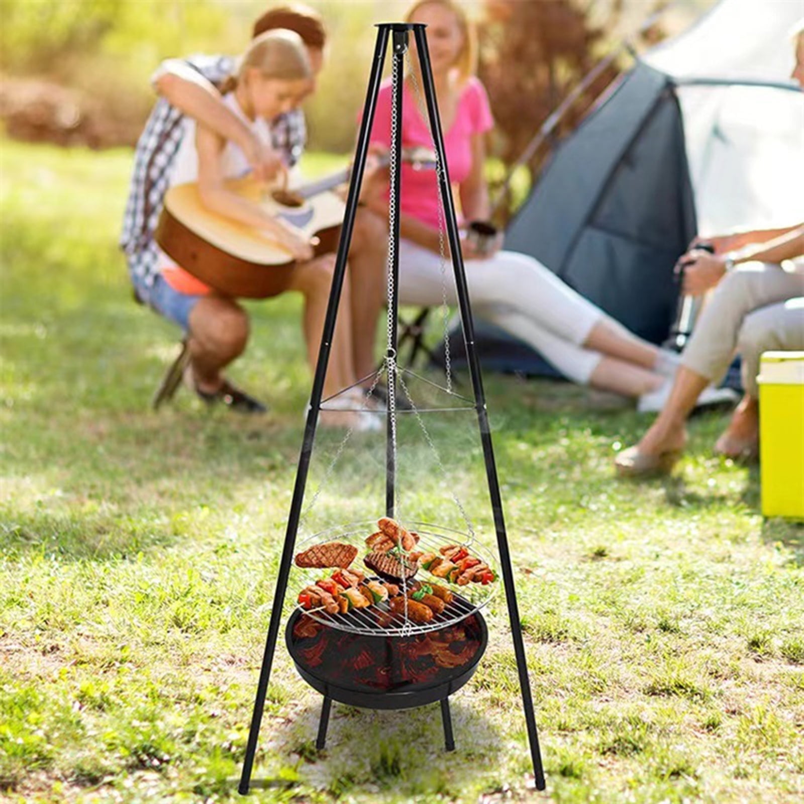 Camping Fire Pit Portable, Outdoor Height-Adjustable Hanging Tripod with Stainless Steel Barbecue Net and Charcoal Barbecues Grill Tall Garden Patio Heater for Campfire Cooking Pot Rack black