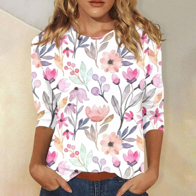 MKLEKYY Camisetas Mujer Camisa Estampada Para Mujer, Manga 3/4, Túnica, Cuello Redondo, Blusa, Camiseta 793 Talla L