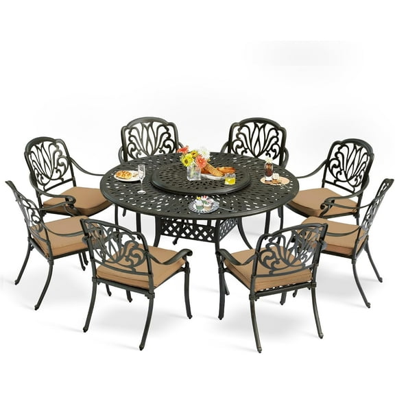 9-Piece Patio Furniture Dining Set, All Weather Cast Aluminum Outdoor Conversation Set- 61" Round Patio Dining Table with Detachable Lazy Susan & 8 Cushioned Chairs, Umbrella Hole, Khaki