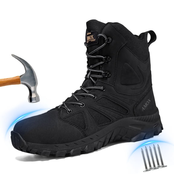 AMOX Steel Toe Boots for Men Comfortable Lightweight Work Boots for Men Slip Resistant High Top Steel Toe Safety Shoes Puncture Resistant Midsole for Construction Warehouse Work,Black