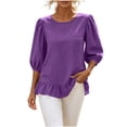 thumbnail image 6 of Qulqfy Cotton Shirts for Women Solid 3/4 Sleeve Fall Casual Purple Cute Pleat Ruffle Hem Scoop Neck Tshirts S, 6 of 8