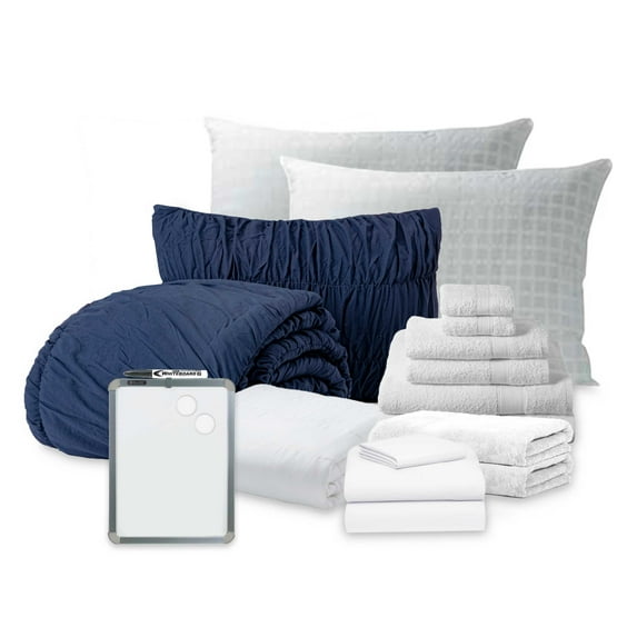 Dawn Artistry College Bundle in Ruched Navy, 17-Piece Dorm Room Set, Twin XL Bedding, Cotton Towels and More