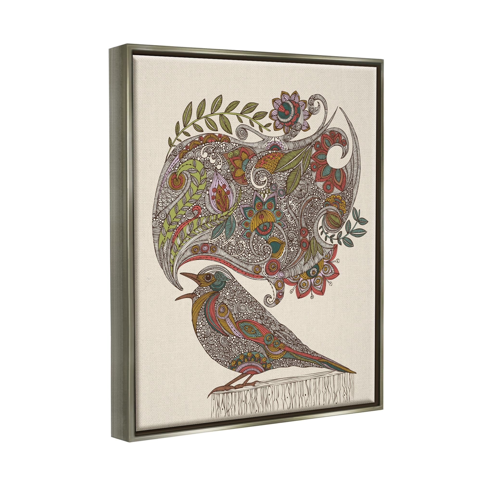 Stupell Industries Song Bird Complex Paisley Patterns Botanical Leaves Graphic Art Luster Gray Floating Framed Canvas Print Wall Art, Design by Valentina Harper
