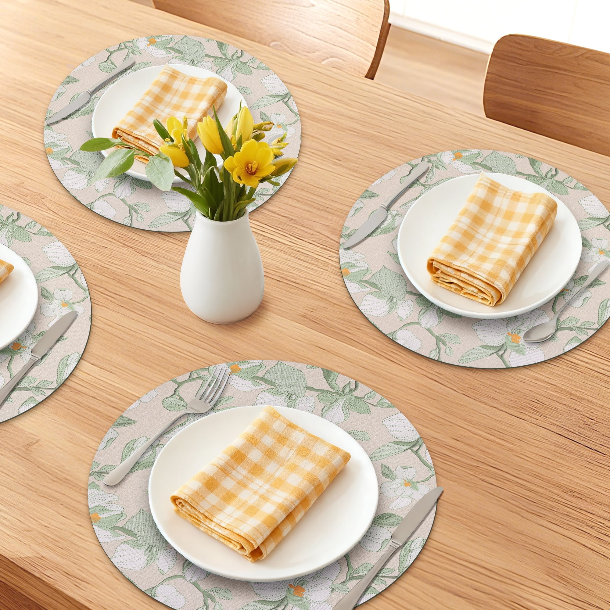 Unique Bargains 6pcs Faux Leather Floral Placemats Grass Green 13"x13"