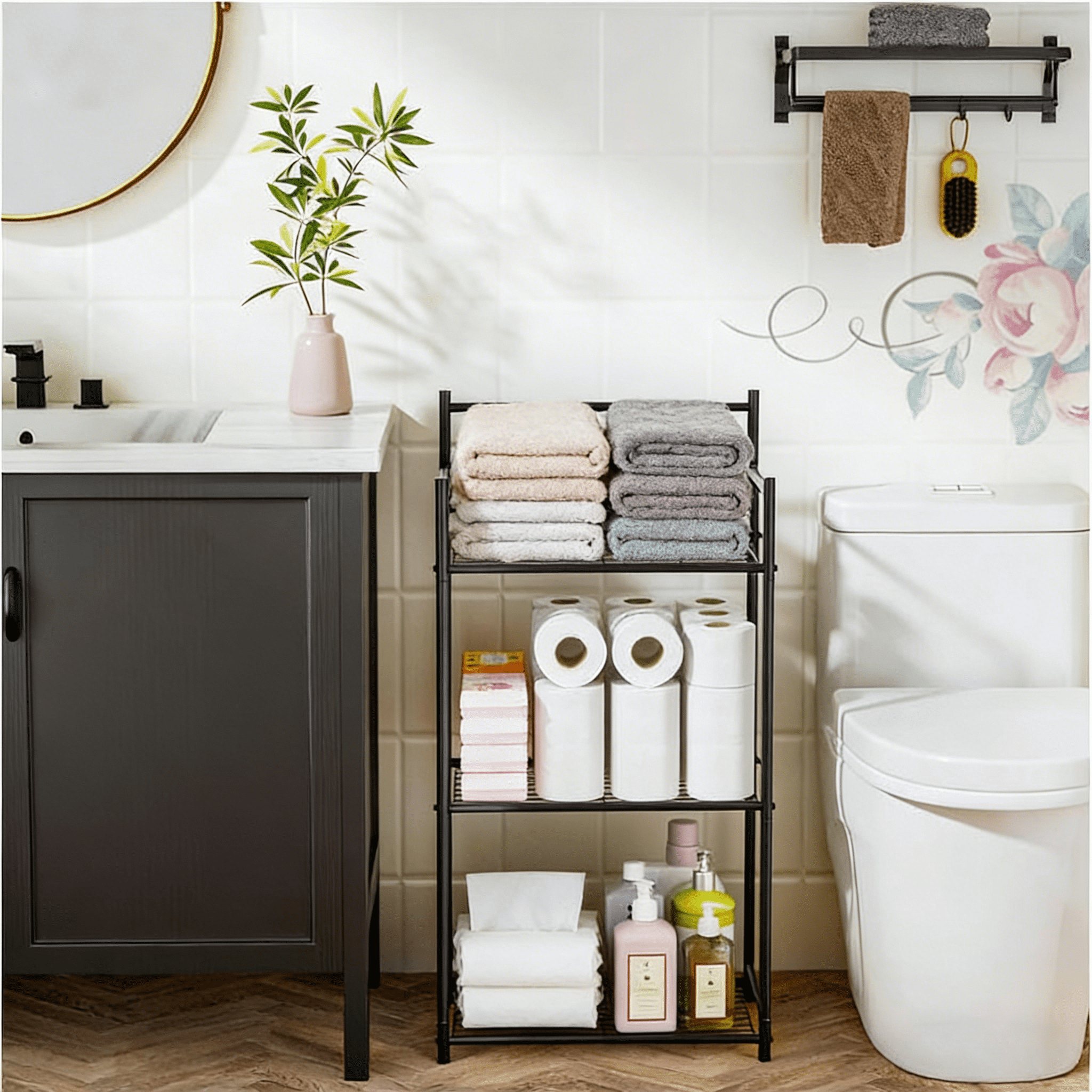 OUTMASTER 3-Tier Bathroom Shelf, Narrow Metal Floor Storage Stand for Bathroom & Kitchen