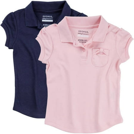 George Toddler Girl School Uniform Short Sleeve Polo Shirt with Bow Pocket 2 Pack