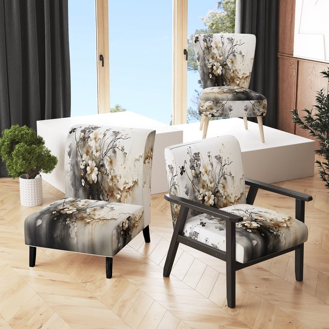 Designart "composition Florale Bohème Terrestre I" Chaise d'Appoint Bohème Grise Rembourrée - Fauteuil Moderne pour Chambre