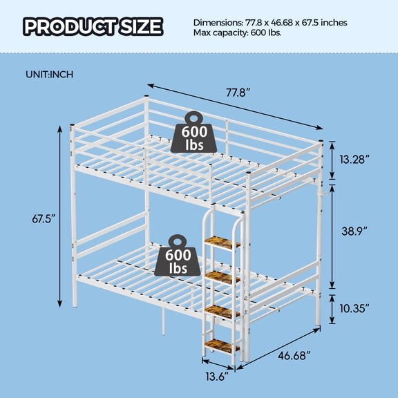 LHKJ Twin over Twin Metal Bunk Bed with Guardrail, Ladder and Slat Support, White