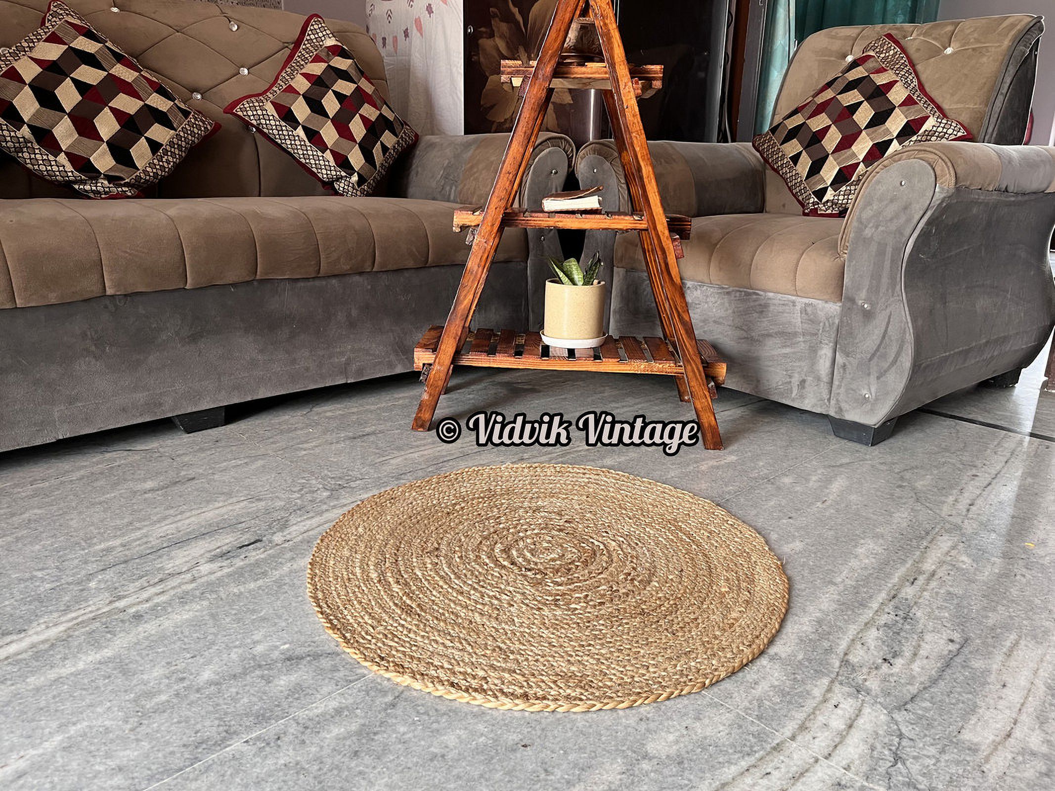Vidvik Vintage Indian Hand Woven Bohemian Natural Color Round Area Jute Rug for Home Decor (90 x 90 cm