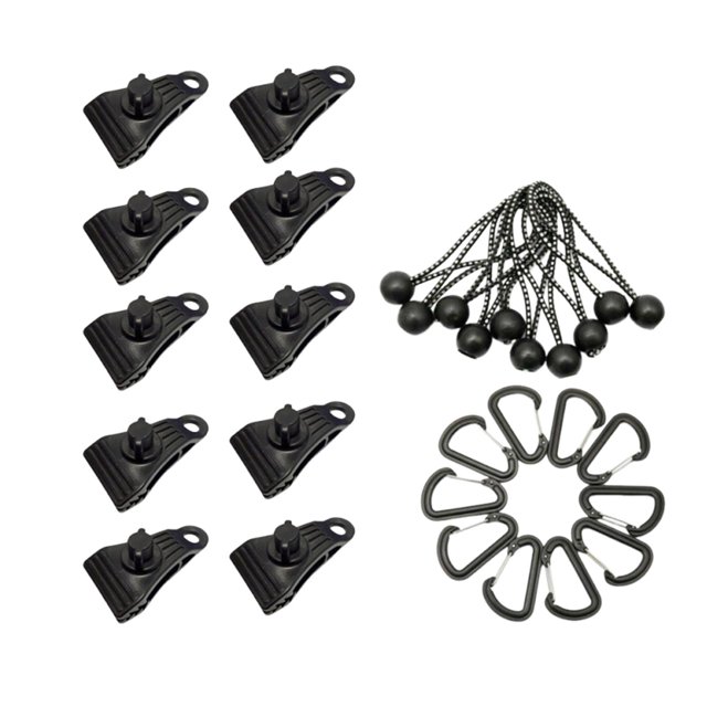 Juego de 10 clips para lona y 10 mosquetones resistentes, reutilizables y resistentes al viento para cañas de pescar, toldos de camping, cubiertas de