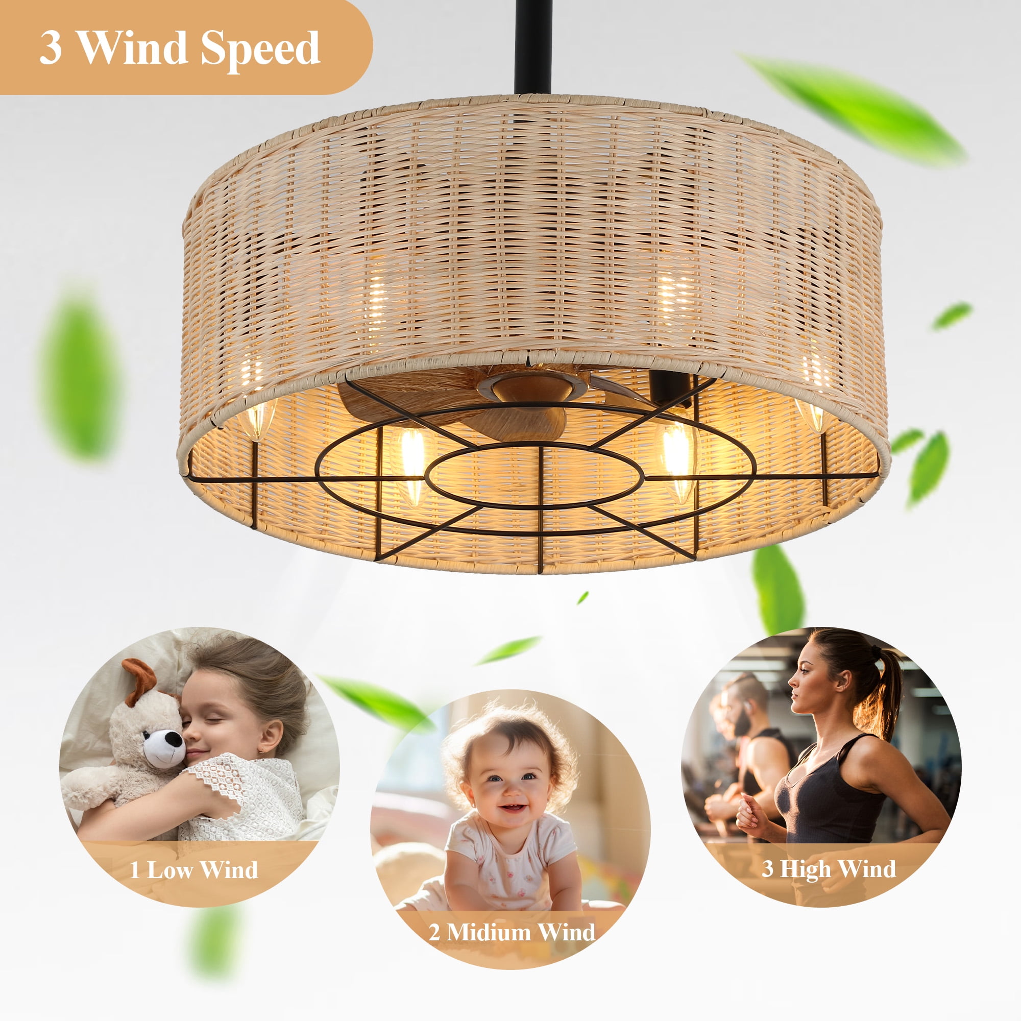Cusp Barn 18" Rattan Caged Ceiling Fan with Light Fandelier Ceiling Fan for Bedroom, Remote Control, 3-Speed, E12 Bulb, Black