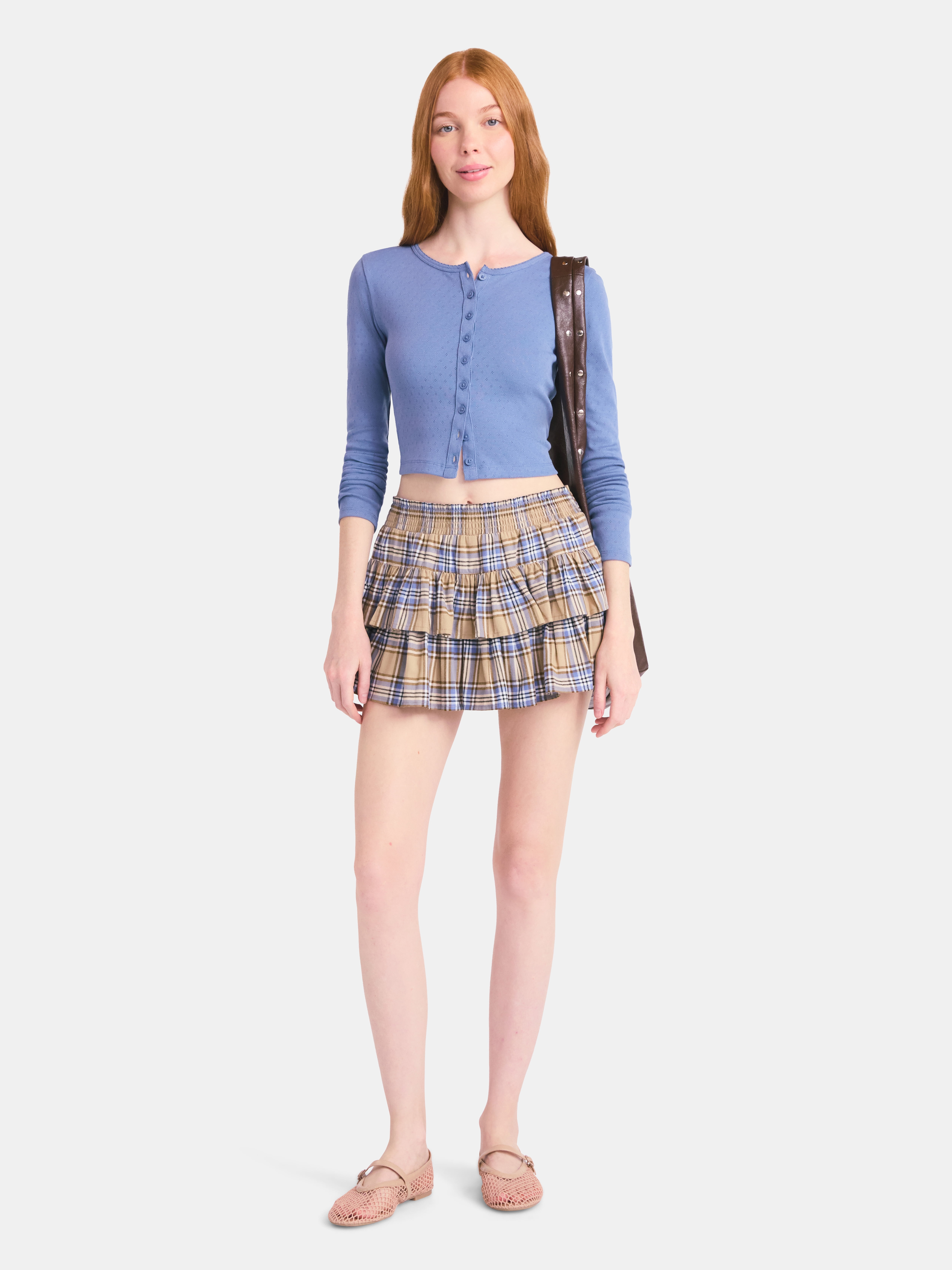 No Boundaries Button-Front Pointelle Cardigan with Long Sleeves, Women's