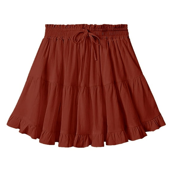 Dxzfnsa Women's Mini Skirts Womens Basic High Waisted Tiered Ruffles Hem Skirts Summer Loose Drawstring Elastic Waist Solid Color Beach Skirts