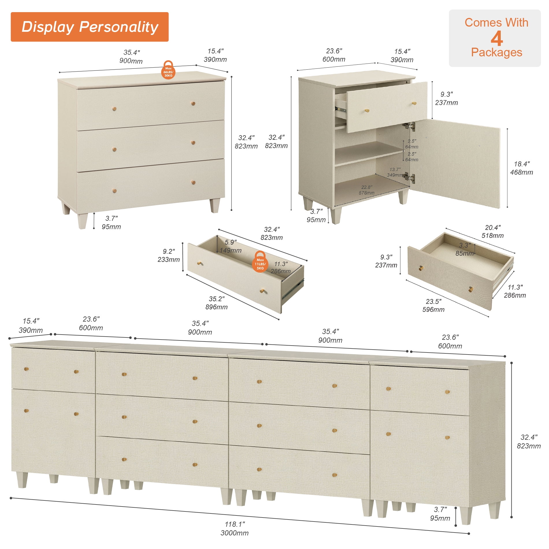 WAMPAT Wide Modern TV Stand for 110+ Inches TVs, 4-in-1 Large Wooden Media Console with 8 Spacious Drawers and 2 Storage Cabinets for Living Room, Beige