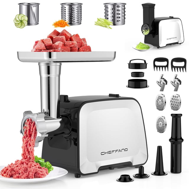 CHEFFANO Life Electric Meat Grinder, 2000W Max Sausage Stuffer Maker, Vegetable Cheese Grater with 3 Shredder Slicer Blades, 2 Blades, 3 Plates, Saus