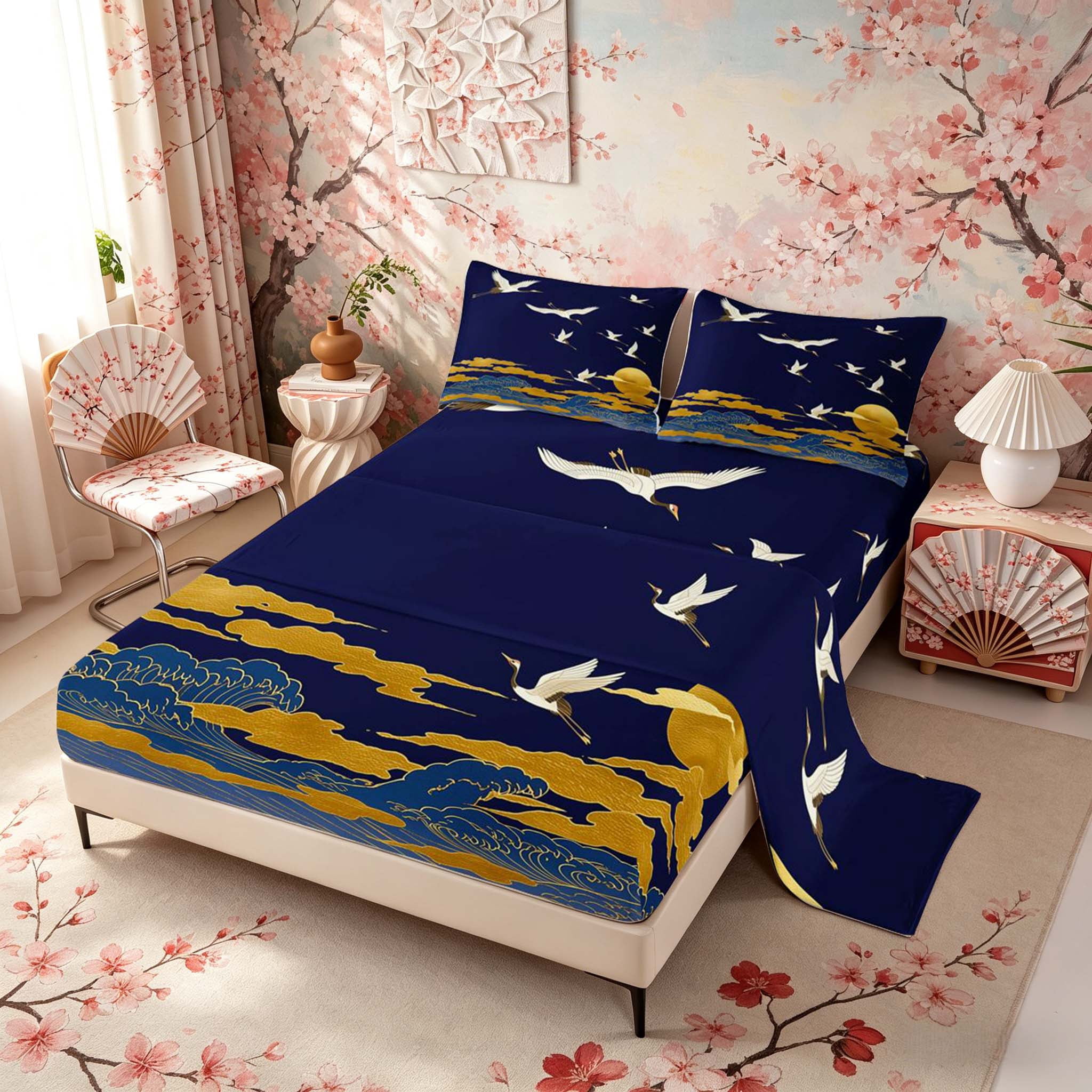 Manfei Traditional Crane Wave Queen Sheet Sets for Girls Women, Golden Moon Bed Set, Blue Gold White 4pcs, 1 Flat Sheet, 1 Fitted Sheet and 2 Pillowcases