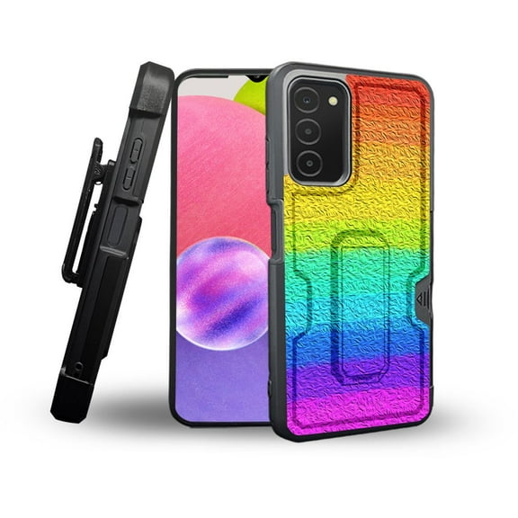 ANJ  Rugged Shockproof Holster Case Card Slot Kickstand   Tempered Glass Cover for Samsung Galaxy A03s - Shades of Rainbow