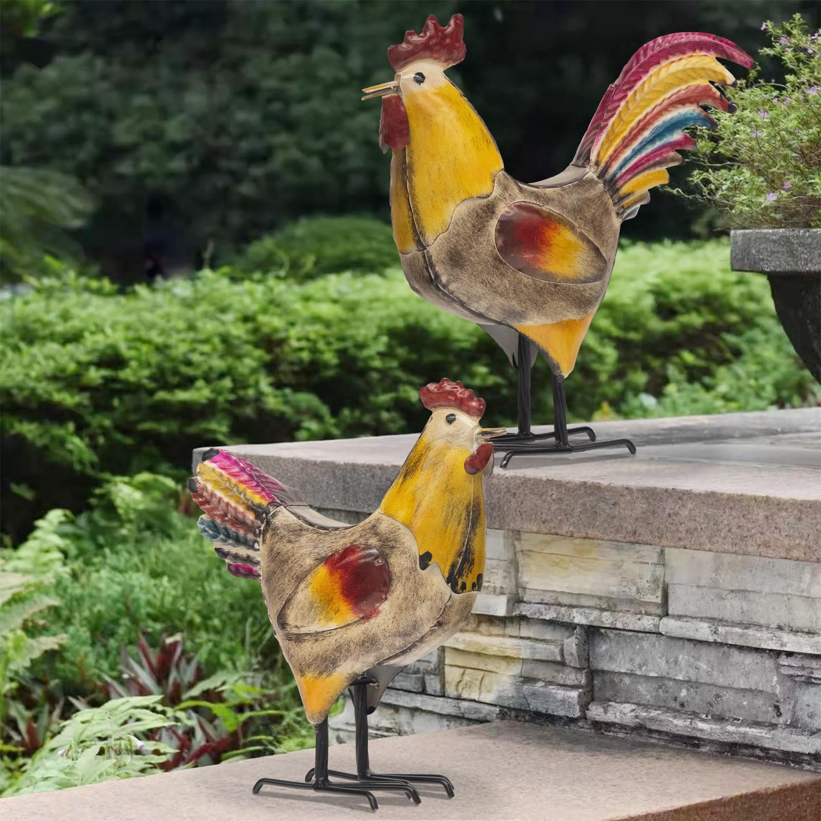 MODE HOME Metal Rooster and Hen Statues Set of 2, Indoor Outdoor Chicken Yard Art Decorations, Farmhouse Kitchen Table Garden Patio Lawn Decor, Gray Yellow Sculptures 12.2x11.5 Inch