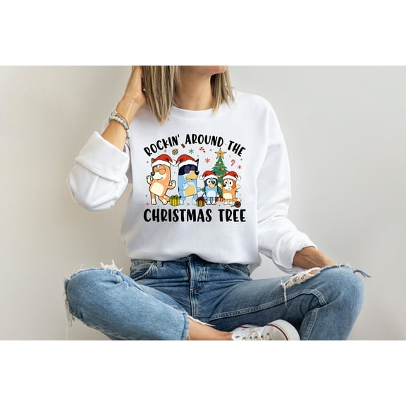 Moonlight Apparel Bluey Rockin’ Around the Christmas Tree Shirt for Women & Men Holiday Cartoon Graphic Tee Funny Xmas Gift Cotton Blend Short Sleeve Top