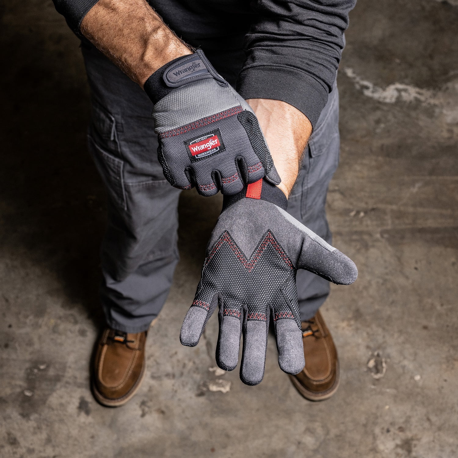 Wrangler Men’s Builder Work Gloves – Large, Synthetic Leather Palm Glove, Reinforced Grip, Breathable