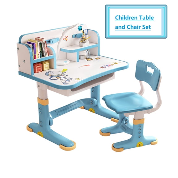 Kids Study Table and Chair Set, Height Adjustable Kids Study Desk with Cartoon Pattern, Widened Tabletop, for Boys & Girls 3 (Blue)