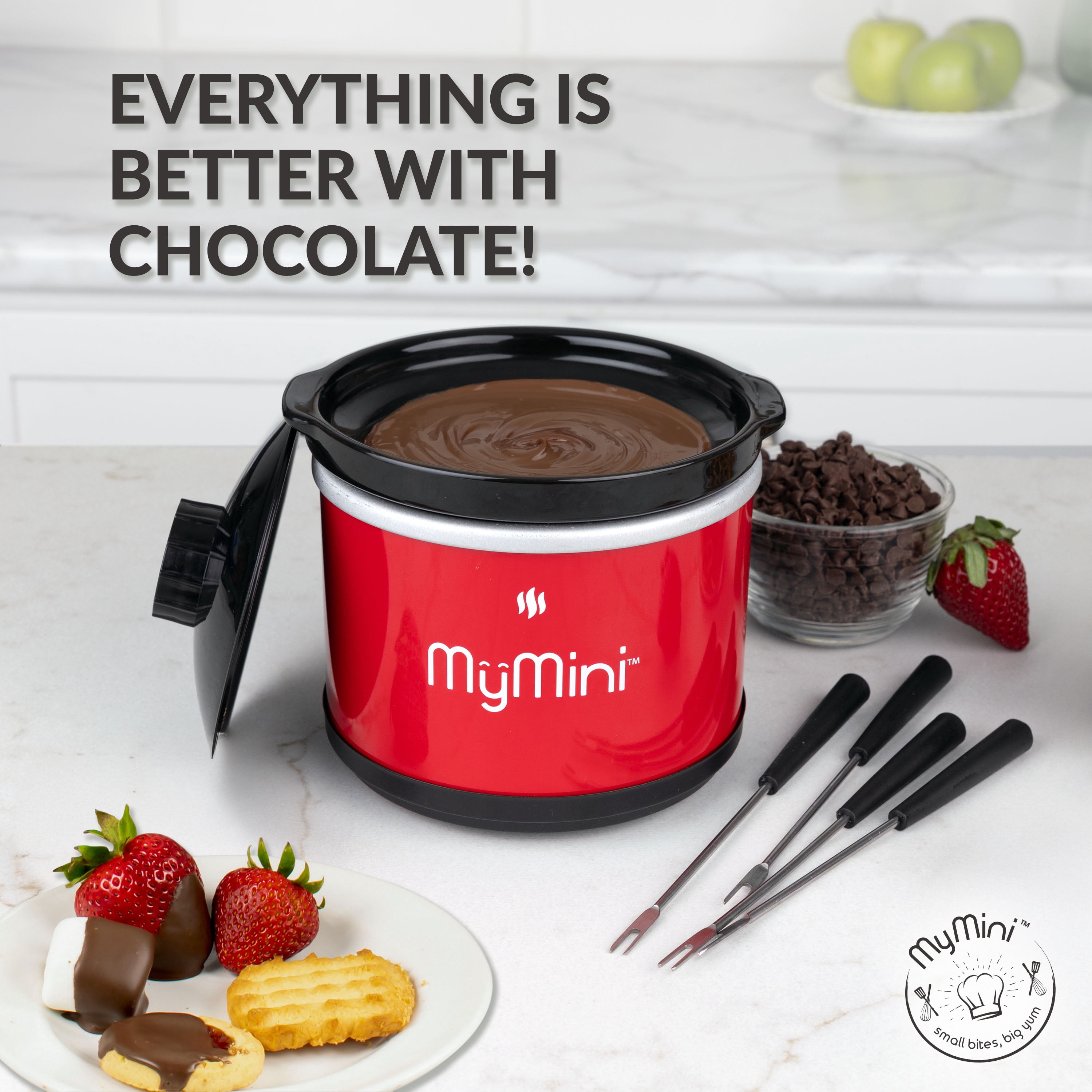 (3 pack) MyMini 20 oz Chocolate Fondue Dipping Pot, 40-Watts, Nonstick Ceramic, Red
