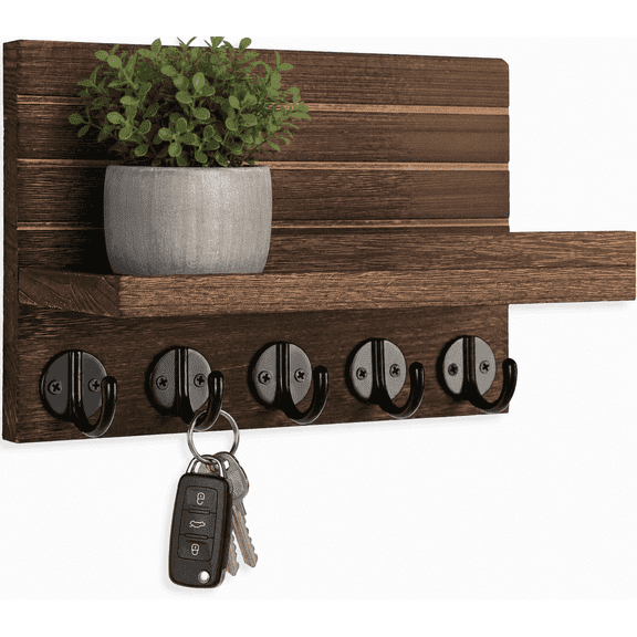 Wuxiuli Brown Paulownia Wood Wall Mount Key Holder Organizer，9.8''x 6.4'' x 3.9'' 1pack