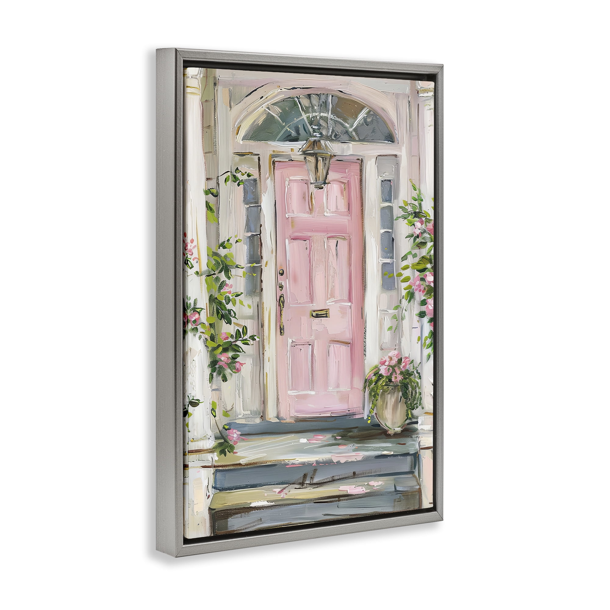 Stupell Industries Pink Door Welcome Town & City Painting Gray Floater Framed Art Print Wall Art, 17 x 25