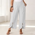 thumbnail image 2 of Thousandth Women's Cotton Linen Pants Casual Summer Elastic Waist Wide Leg Loose Fit Palazzo Pants Cropped Trousers with Button Decor and Slit Hem Daily Wear, 2 of 7