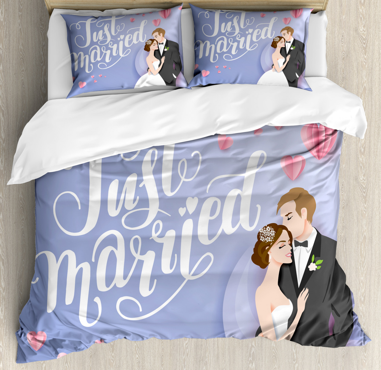 Wife Duvet Cover Set, Handwritten Just Married Words with a Happy Newlywed Couple and Pink