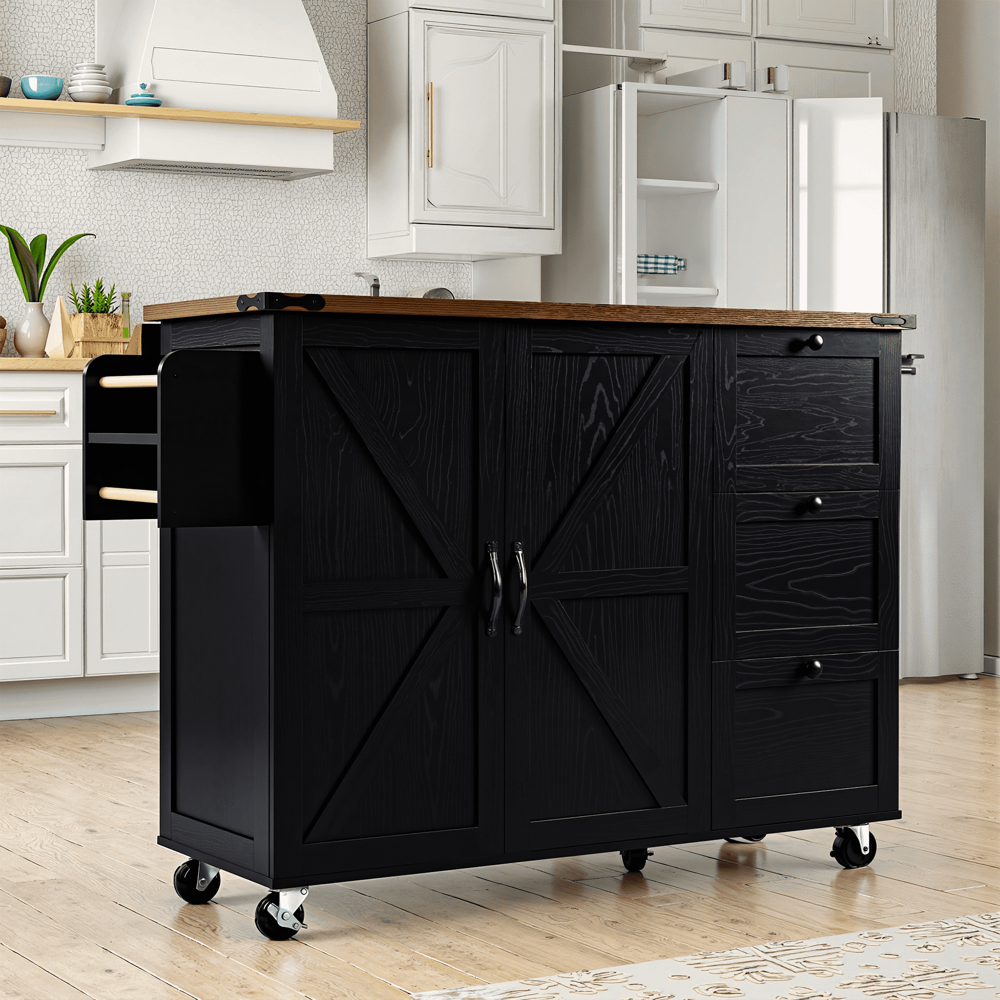 MAYEERTY 54.5" Farmhouse Rolling Kitchen Island with Power Outlet for Kitchen & Dining Room, Black