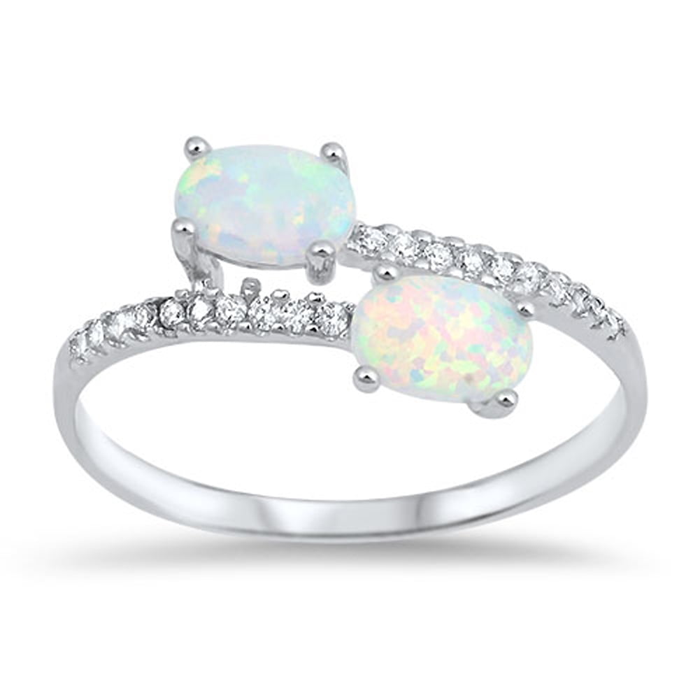 CHOOSE YOUR COLOR Clear CZ Double White Simulated Opal Oval Ring 925 ...