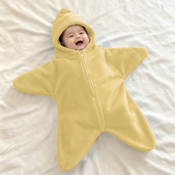 UACY Infant Boys Girls Star Shaped Hooded Jumpsuit Plush Wrap Romper, Soft Zip Up Outfit for Newborn Baby Lounging Baby Shower Gift (Yellow, 6-9 Months)