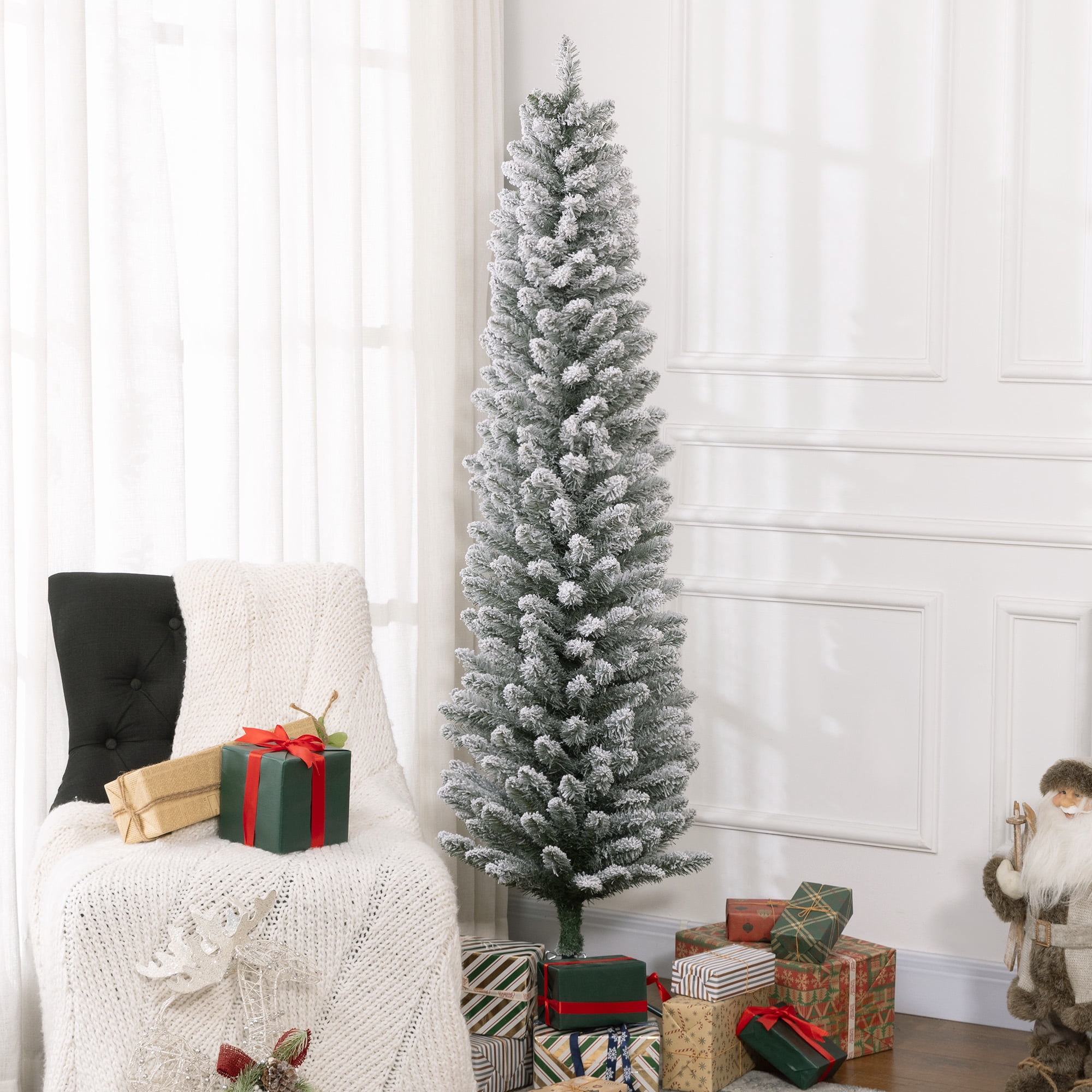 6ft Artificial Pencil Christmas Tree with Snow Flocked Tips, Green