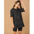 thumbnail image 2 of Allegra K Blusa Top Suelto Cuello Redondo Mangas Cortas Estampado De Estrellas MetÃ¡lico Para Mujer Negro S Unique Bargains Camisa, 2 of 6