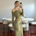 thumbnail image 6 of Women'S Mesh Off Shoulder Dress Elegant Sheer See Through Long Sleeve Ruched Bodycon Maxi Dresses Green S, 6 of 9