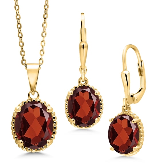 18K Yellow Gold Plated Silver Oval Red Garnet Pendant and Earrings Jewelry Set for Women | 7.20 Cttw | Gemstone Birthstone | With 18 inch Chain | Fine Jewelry Gifts for Her Mom Women Wife