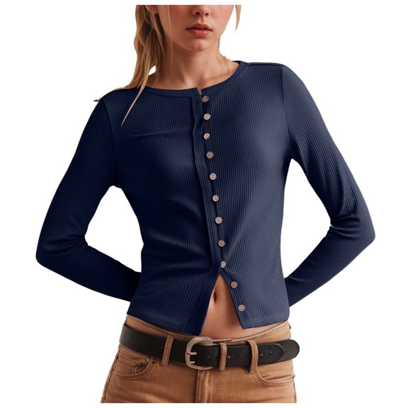 GEWSEY Womens Long Sleeve Tops Fall Lightweight Cardigan Cropped Going Out Shirts Ribbed Button Down Cute Trendy 2025 (Navy, L)