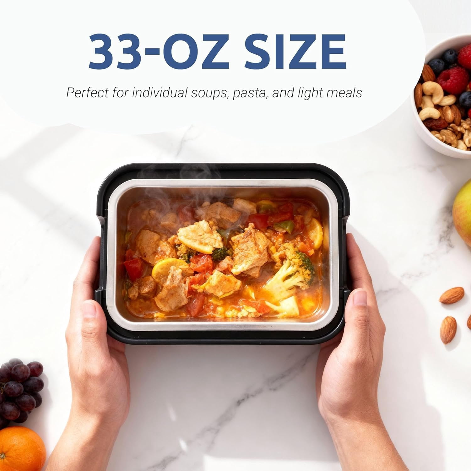 Portable 4 Cup Electric Heated Lunch Box, 33oz  Warmer for Work & Travel, Leak-Proof  Lid, Foldable Handle, Removable Stainless-Steel Container & Detachable Power Cord, Black