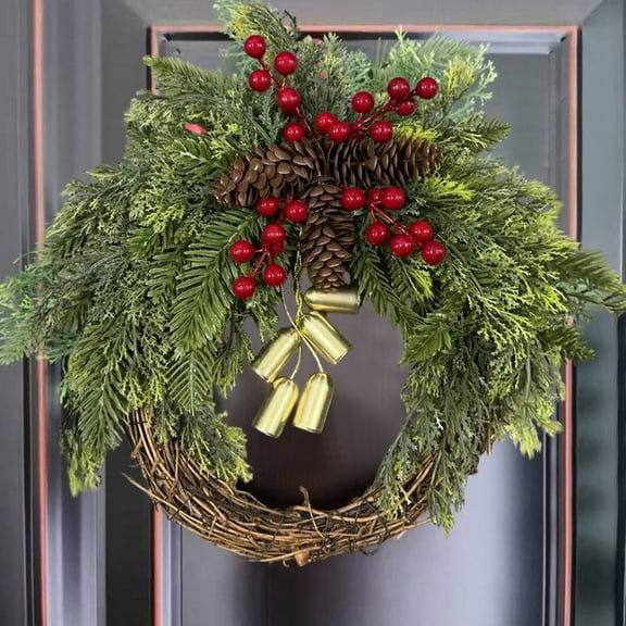 Christmas Farmhouse Wreath – 16" Rustic Grapevine Door Garland with Realistic Greenery, Pinecones, Red Berries & Gold Bells, Front Door Wall Hanging Holiday Décor for Home, Spring Seasonal Display