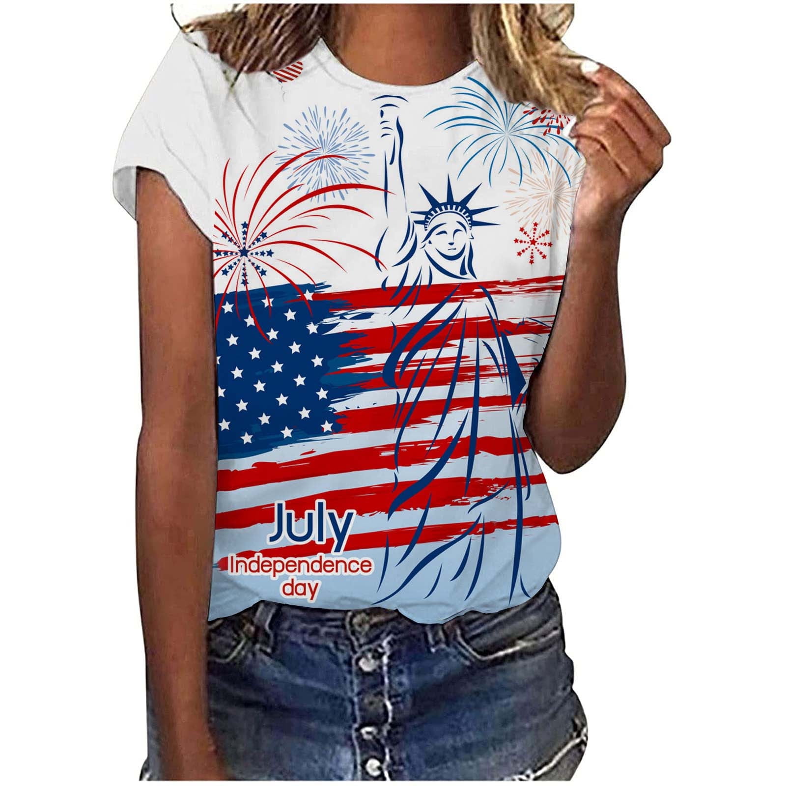 USSUMA Womens Summer Tops and Blouses Trendy Crewneck 4th of July Stars ...