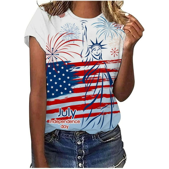 USSUMA Womens Summer Tops and Blouses Trendy Crewneck 4th of July Stars Striped T-Shirts for Women Dressy Casual Short Sleeve Patriotic USA Flag Shirt Tunics Plus Beach