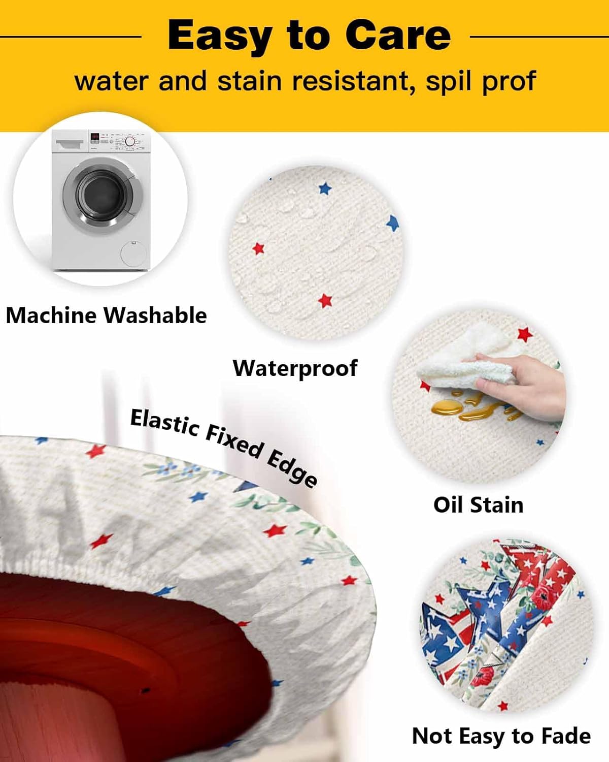 4th of July Round Tablecloth Fitted Table Cover, Elastic Tablecloths Waterproof Outdoor Indoor Stretch Cloth Tablecover for Dinner, Party, Shower, Retro Eucalyptus Star Patriotic Memorial Day 36-44IN